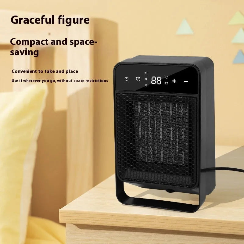 Black desktop warm air blower heater with digital touch screen display and remote control on wooden desk