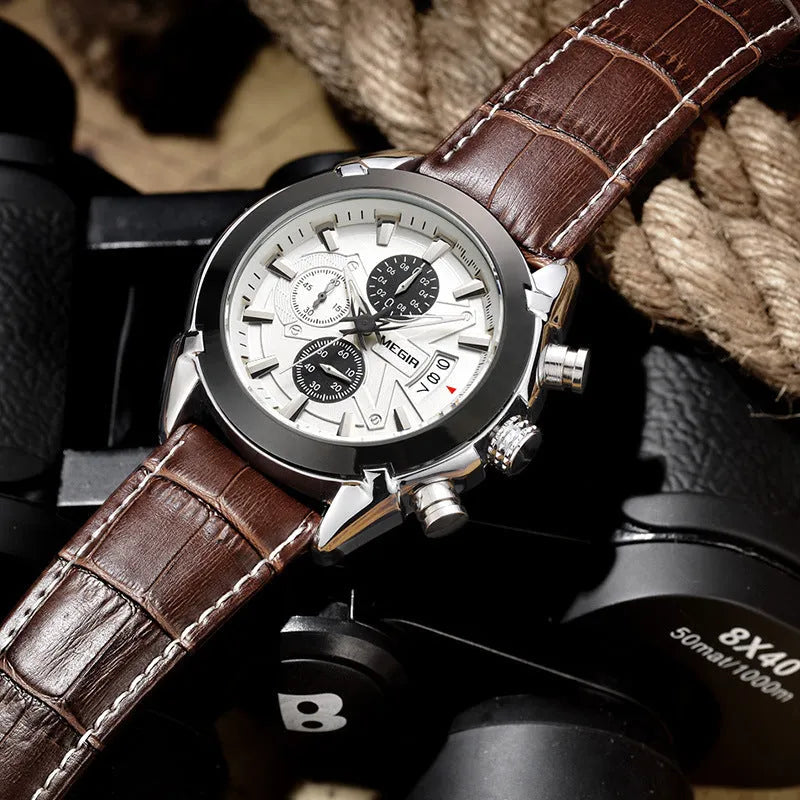 Men's quartz wristwatch with three subdials, six hands, waterproof casing and luminous markers