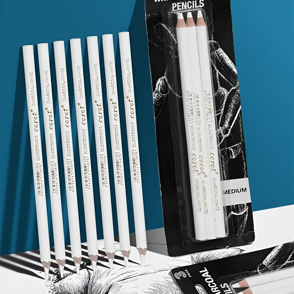 Three white charcoal pencils with wooden barrels and brush attachments for drawing