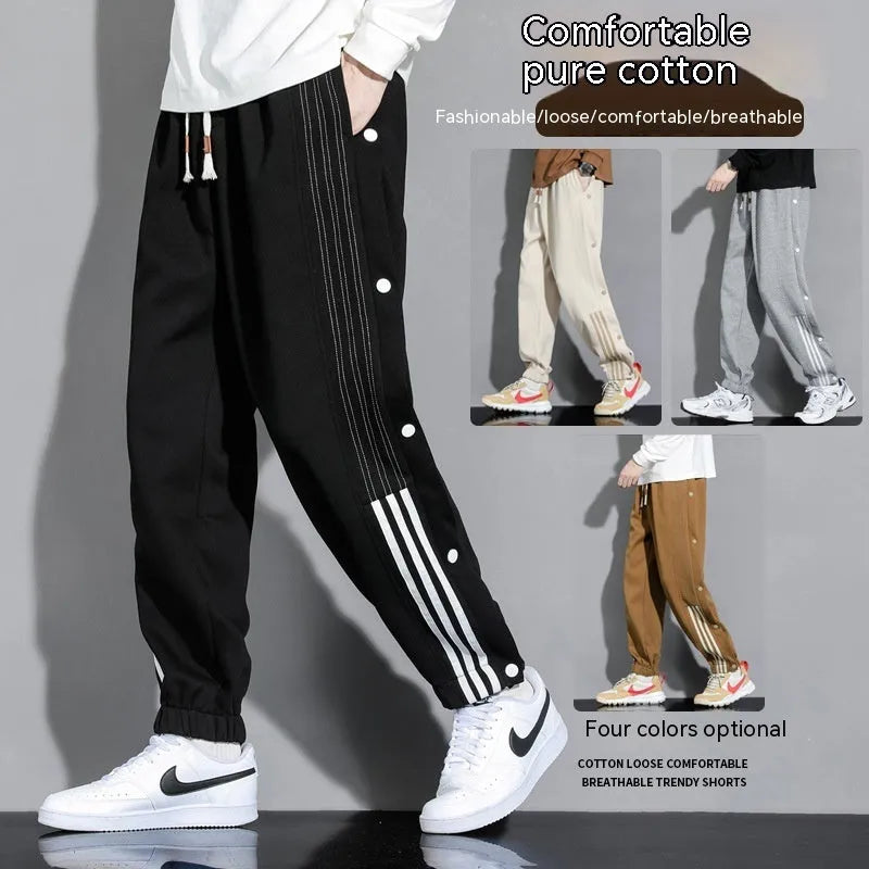 Men's black loose-fit sweatpants with ankle ties and a drawstring high waist on a neutral background.