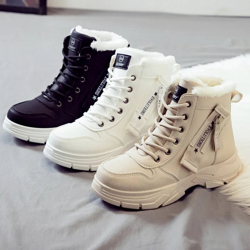 Plus size women's tall snow boots with fleece lining and rubber soles in black, khaki, or white.