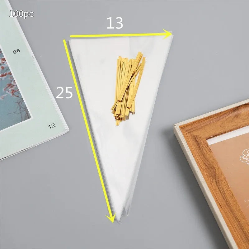 Clear triangle-shaped plastic packaging bag with a built-in white tie wire, shown sealed.