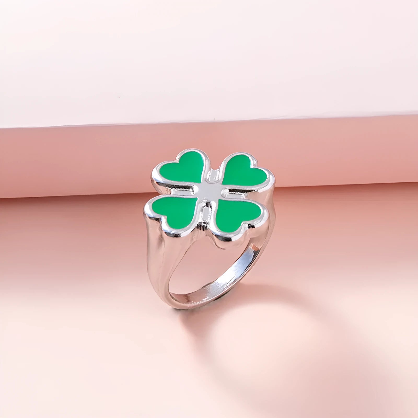 Four leaf clover ring in silver colour with enamel detailing on zinc alloy band, 17mm size