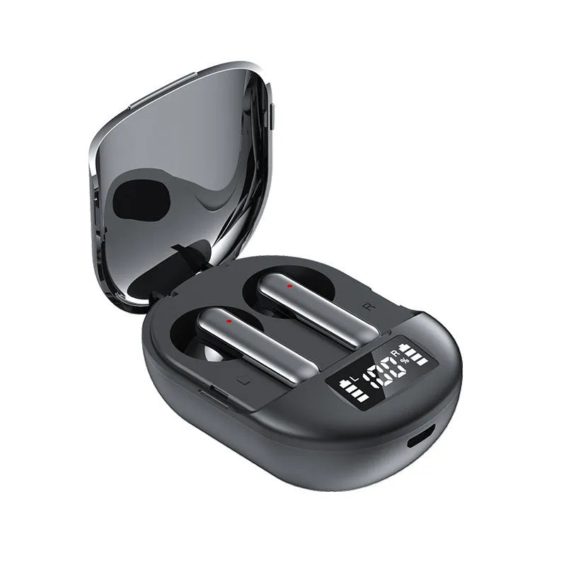 Black and white wireless Bluetooth in-ear headset with charging bin showing digital display screen