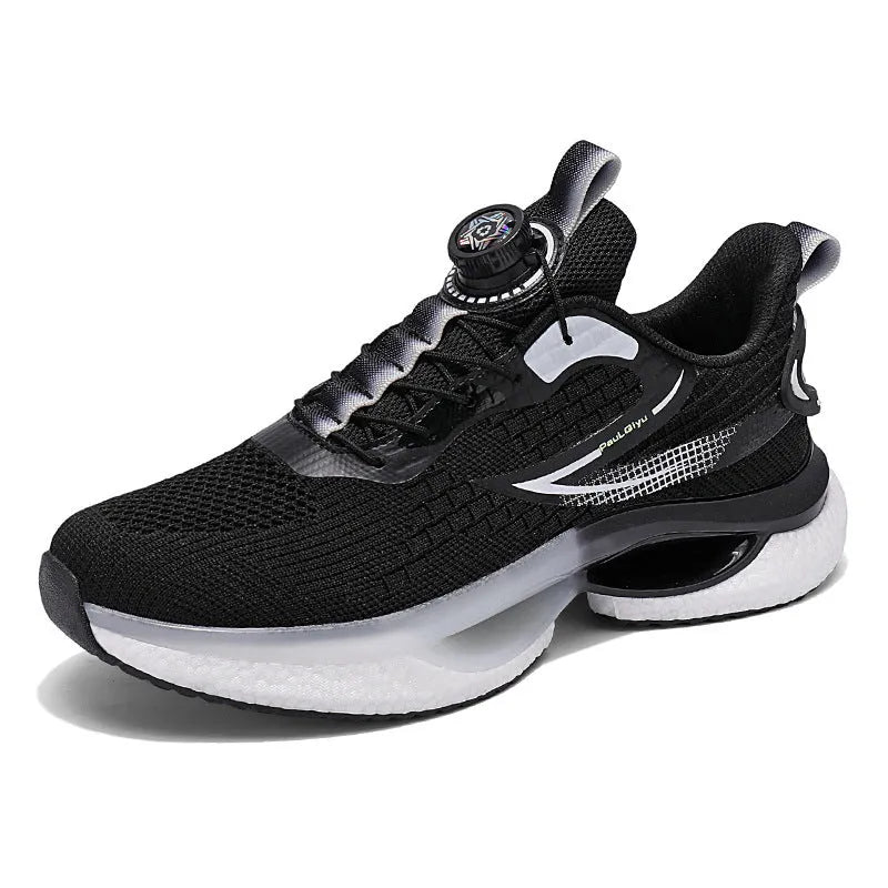Low-top men's running shoes with buckle closure in solid colours showing Fly-knit mesh upper and TPU soles