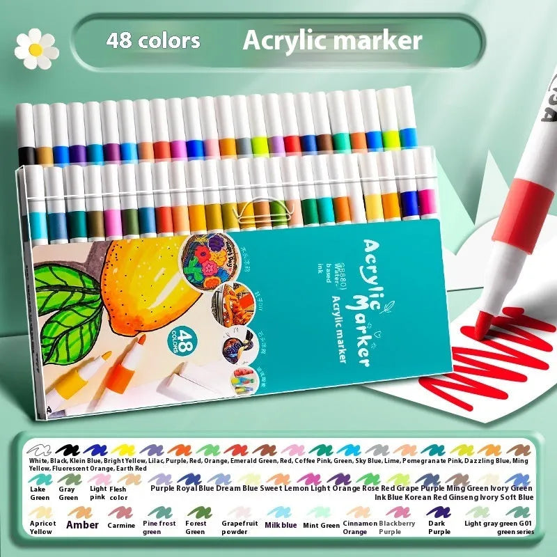 Box of multicoloured acrylic marker pens for student art and painting projects.