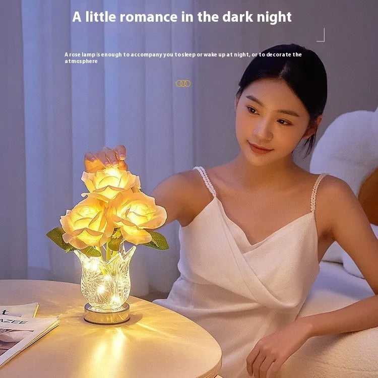 Modern crystal flowers rechargeable bedside lamp with touch dimmer controls on wooden table