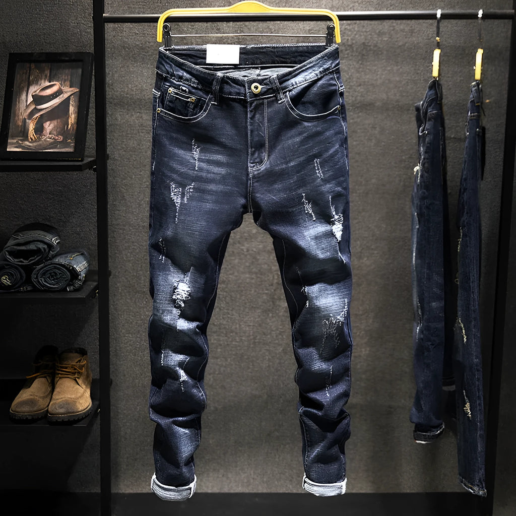 Men's slim-fit skinny jeans in dark blue and light blue cotton denim with micro-elastic fabric