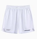 Men's grey fitness training shorts made from quick-drying polyester and spandex fabric.