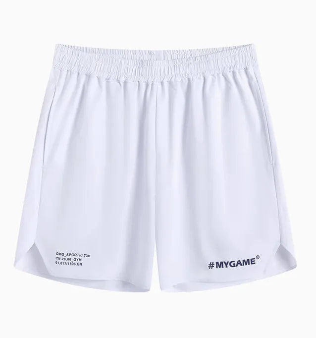 Men's grey fitness training shorts made from quick-drying polyester and spandex fabric.