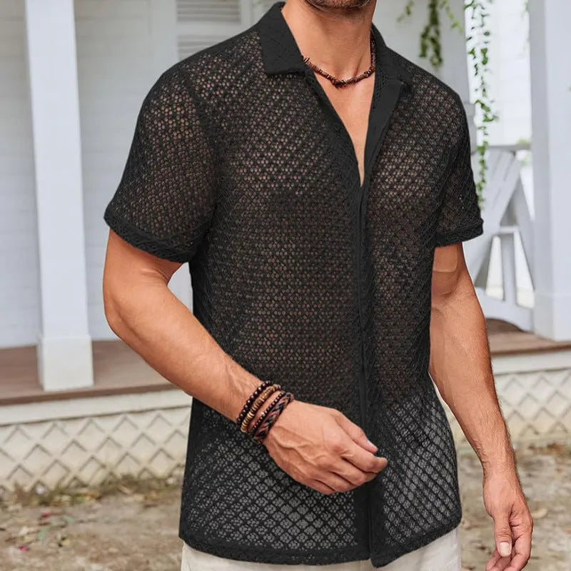 Men's short sleeve mesh cardigan shirt in cotton blend fabric available in beige, black, and white colours