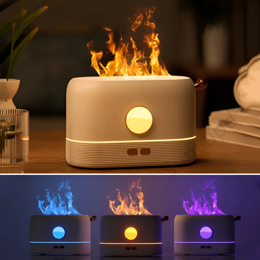 Black USB desktop humidifier with simulation flame light effect and water vapour mist.