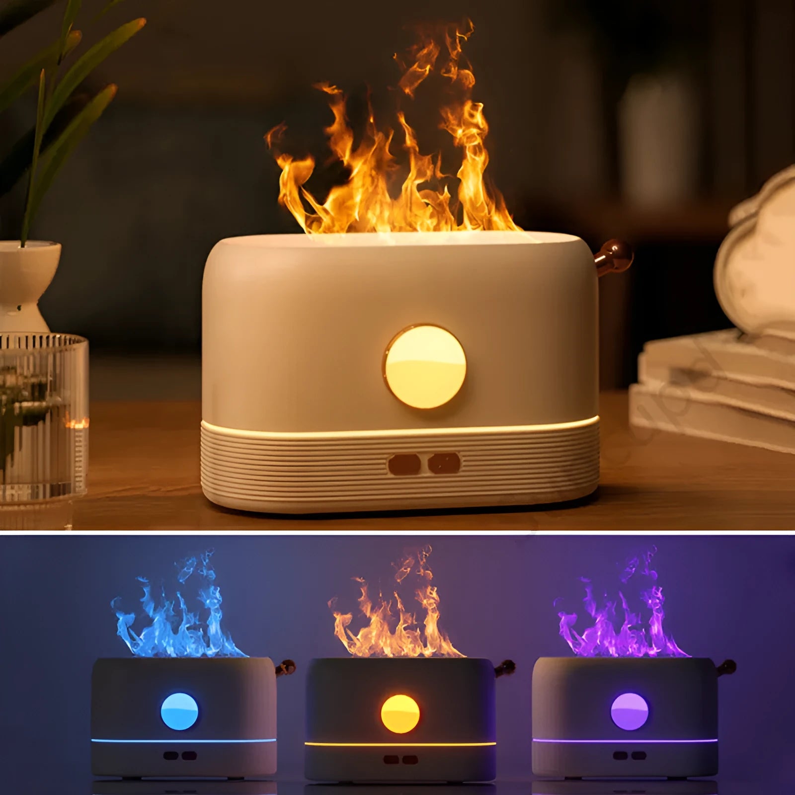 Black USB desktop humidifier with simulation flame light effect and water vapour mist.