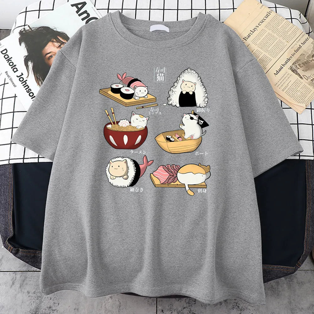 Men's black cotton t-shirt with sushi cartoon cat print design, short sleeves, loose fit