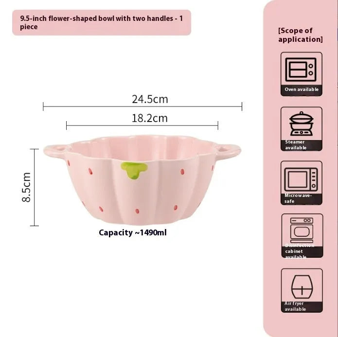 Cute strawberry design porcelain dinnerware set with flower bowls, straw hat plates, and a twist spoon.