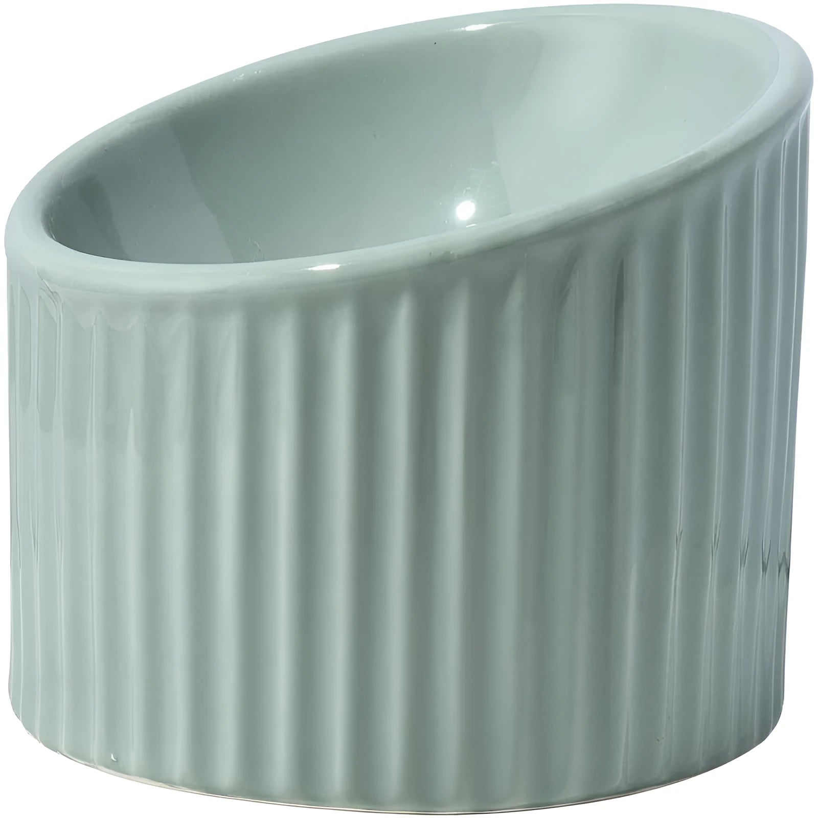 A dark green ceramic elevated cat bowl with a tilted, round shape.