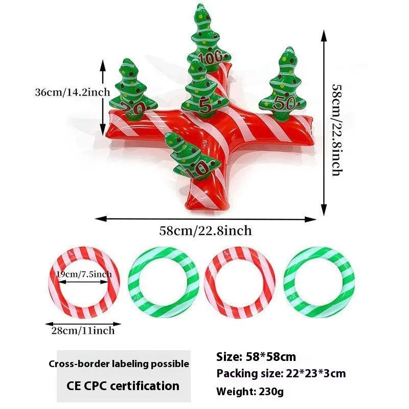 Large red inflatable Christmas ball with snowflake design and LED lights in outdoor garden setting