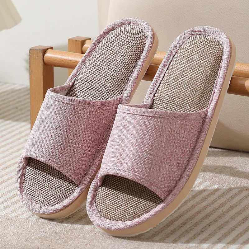 Women's open-toe linen slippers in various colours with thickening sole
