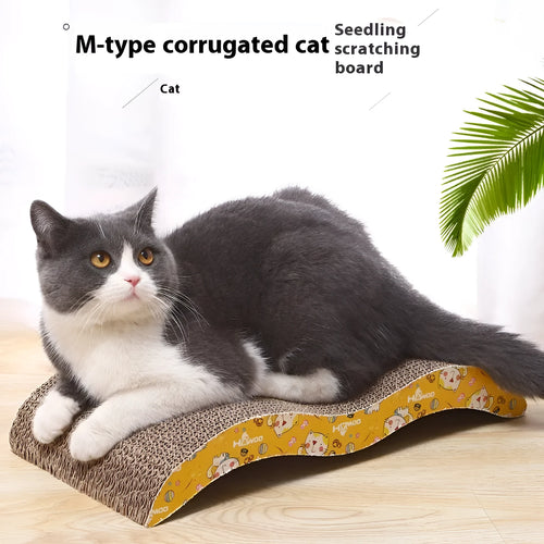 Corrugated paper cat scratch board shown in bone shape and other styles including M-type and wavy.