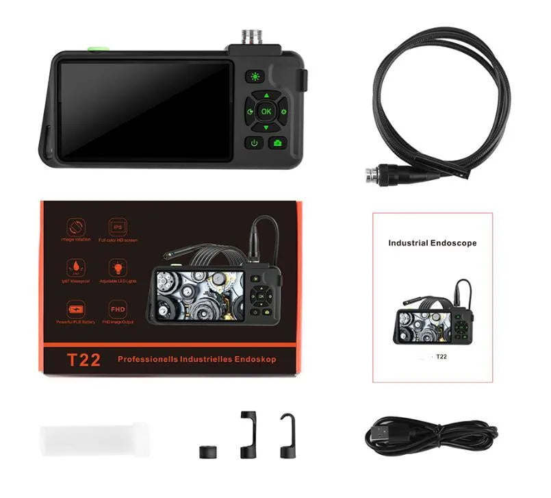 Portable industrial endoscope with 4.5-inch screen and 5.5mm dual lens camera on 1M cable