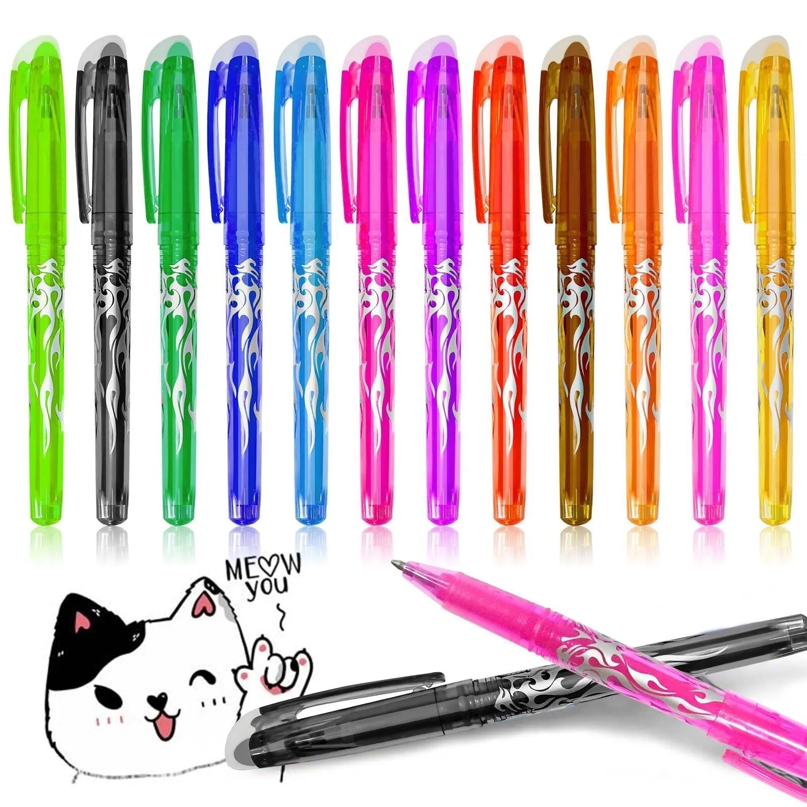 A set of heat-erasable gel pens with plastic bodies and stainless steel nibs, showing 0.5mm and 0.7mm options.