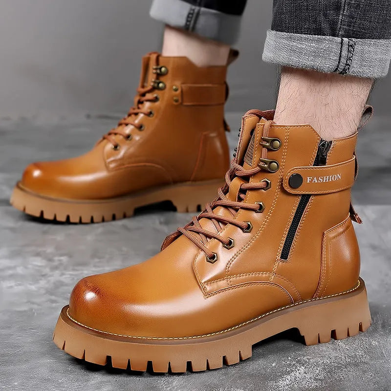 Men's light brown Martin boots with thick rubber sole and side zipper detail