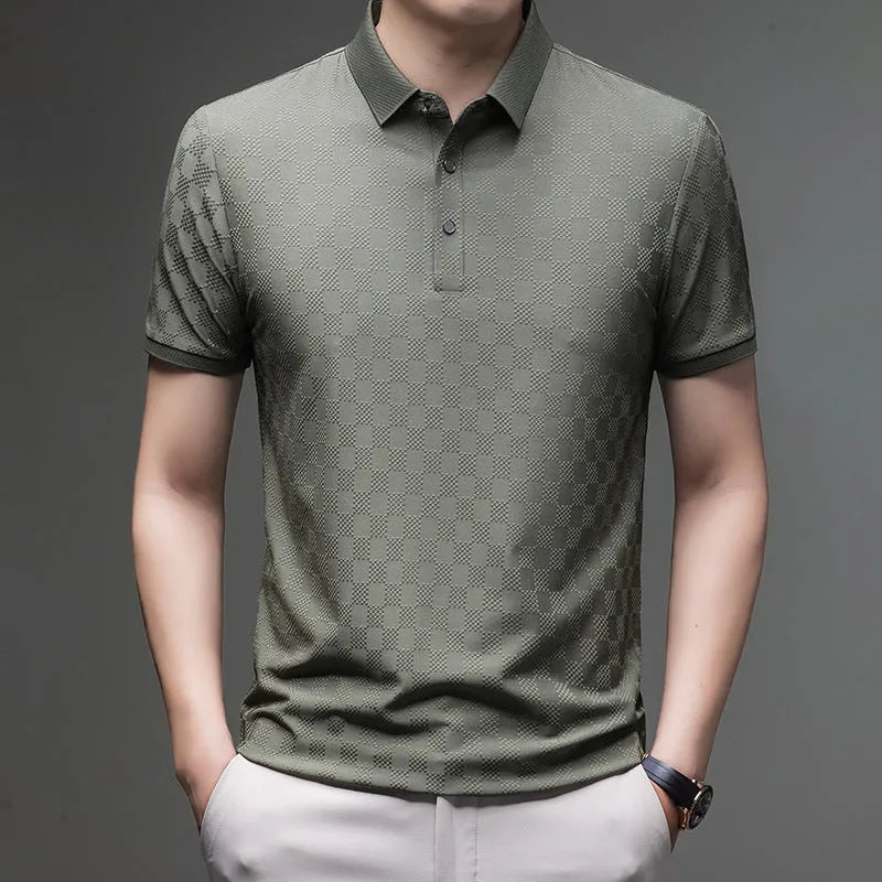 Rhombus patterned thin ice silk short sleeve T-shirt in black, featuring a slit detail on the hem.