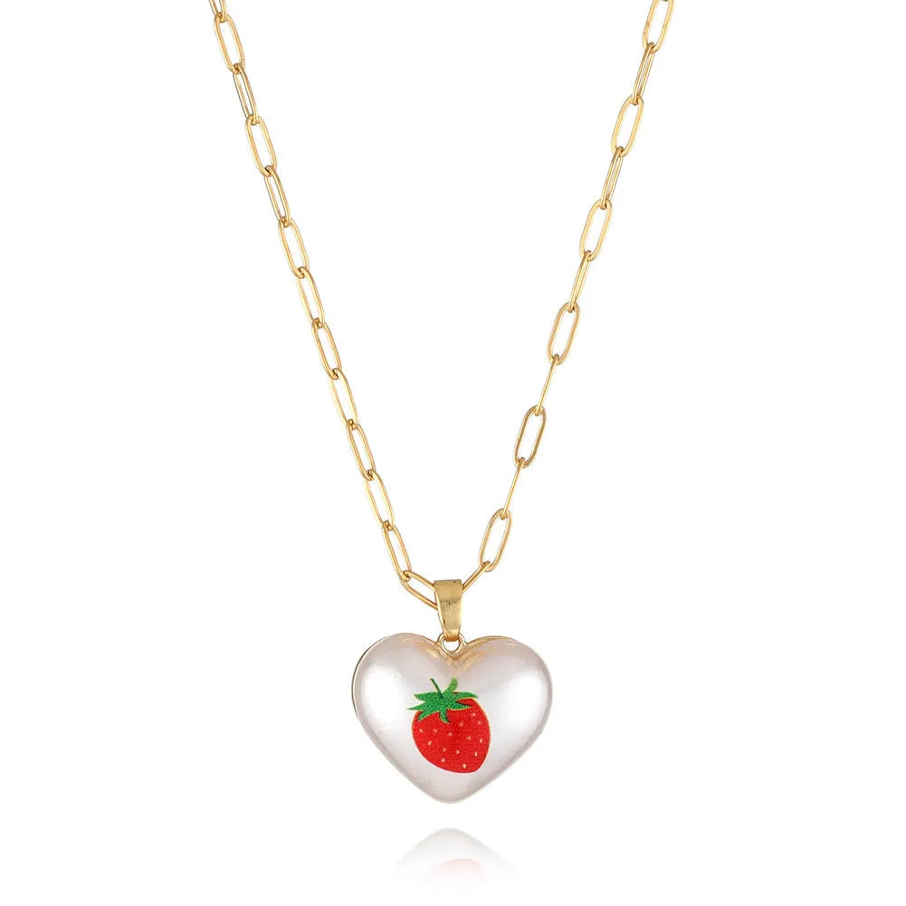 Silver tone heart necklace with geometric fruit pendant on adjustable 21-50cm chain