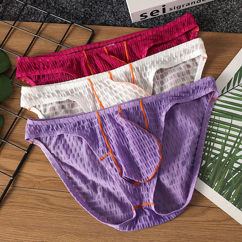 Men's ice silk lace low waist briefs in solid colours on a white background