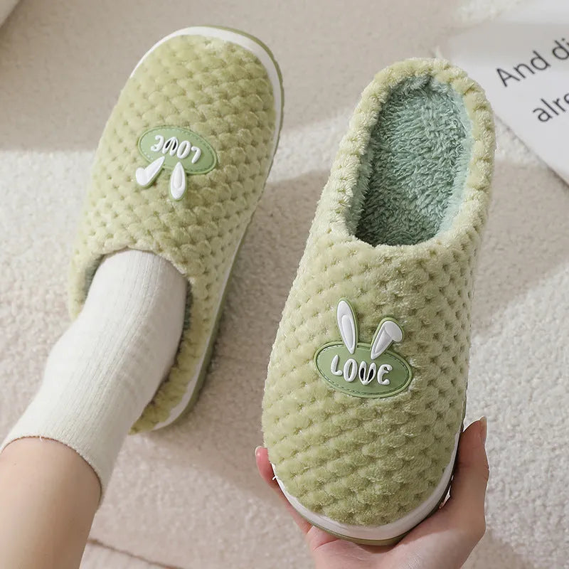 Women's plaid rabbit design artificial fur house slippers with thick rubber soles