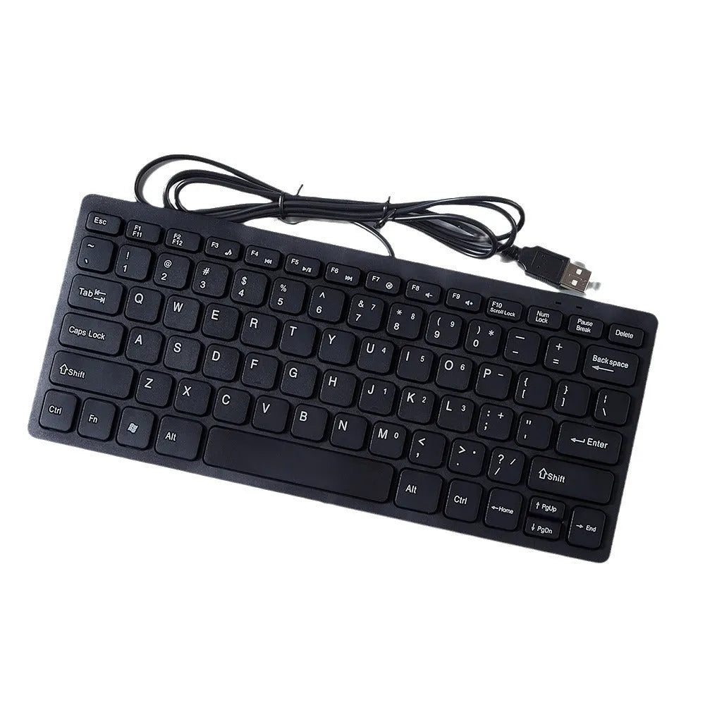 Compact wired USB keyboard in blue colour showing 280mm width and noiseless keys