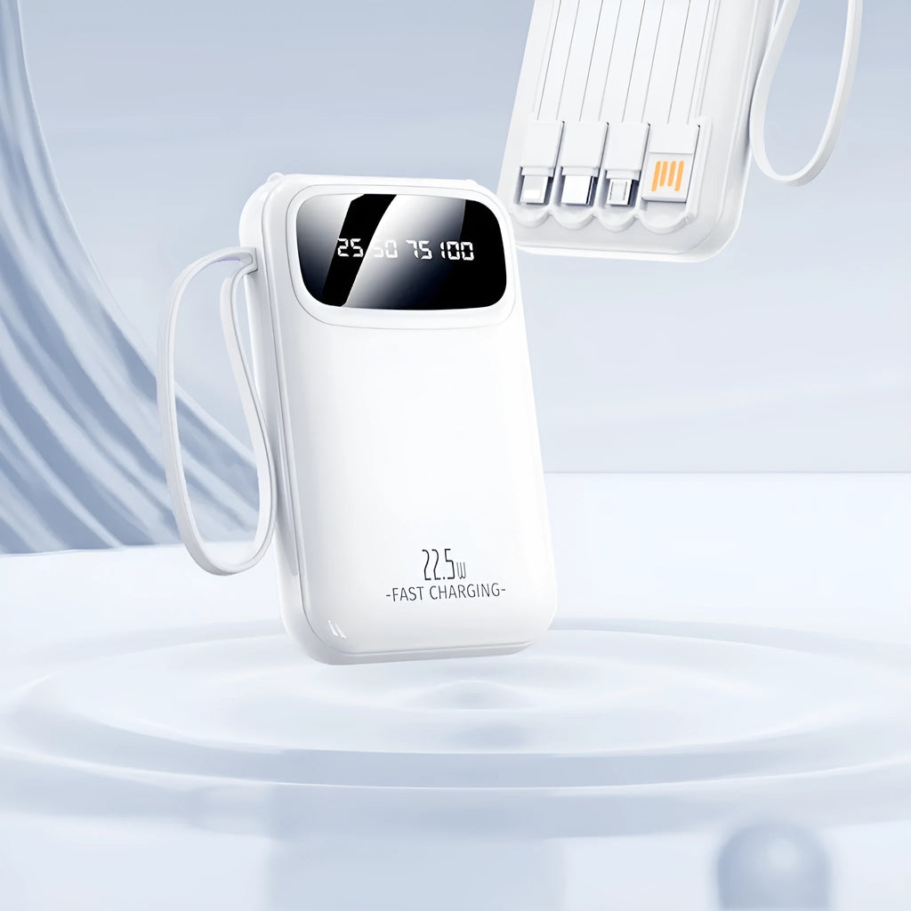 Compact portable power bank with built-in cable, LCD display, and 22.5W fast charging in Moon White