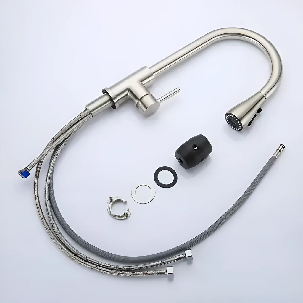 Household stainless steel pull-out kitchen faucet with dual-mode spray head and 60cm inlet pipe brushed colour finish