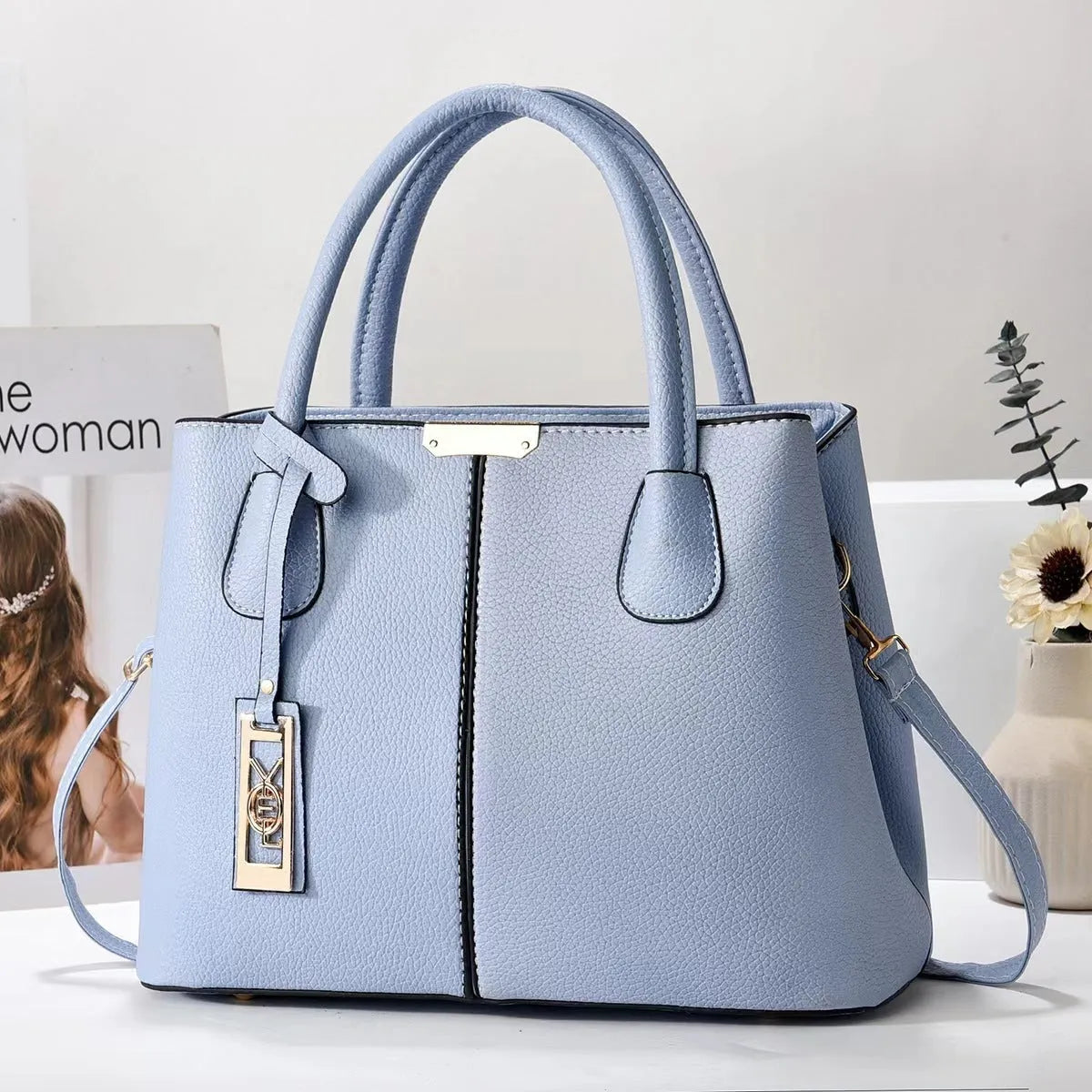 Women's large capacity square shoulder bag in soft PU leather with leather strap
