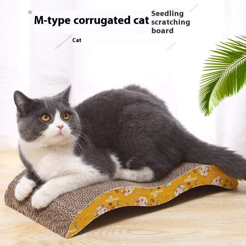 Corrugated paper cat scratch board shown in bone shape and other styles including M-type and wavy.