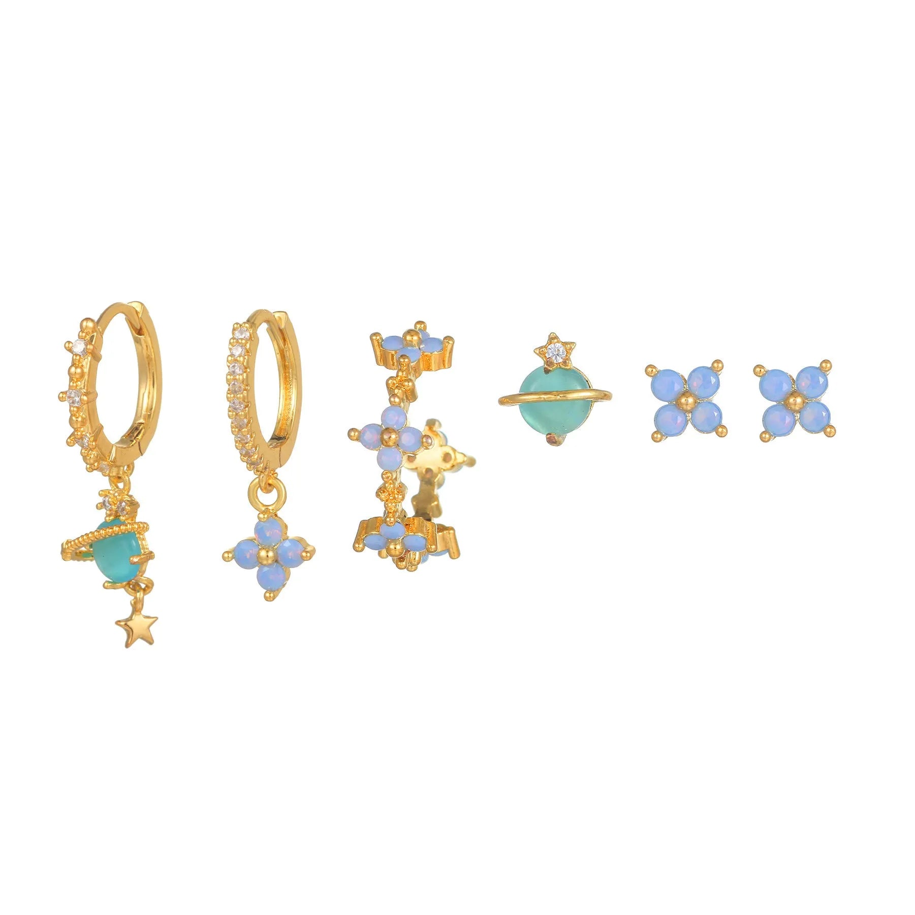Gold or silver flower ear studs with zircon mosaic centre detail geometric design