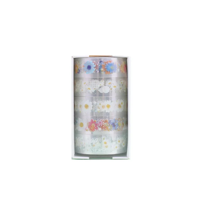Transparent cartoon decorative adhesive tape rolls showing Midsummer Daisy colour design on clear PET backing