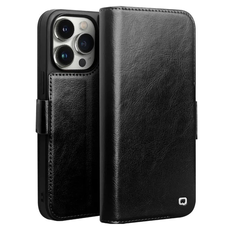 Genuine leather magnetic flip cover for iPhone 14 Pro in black with closed magnetic flap