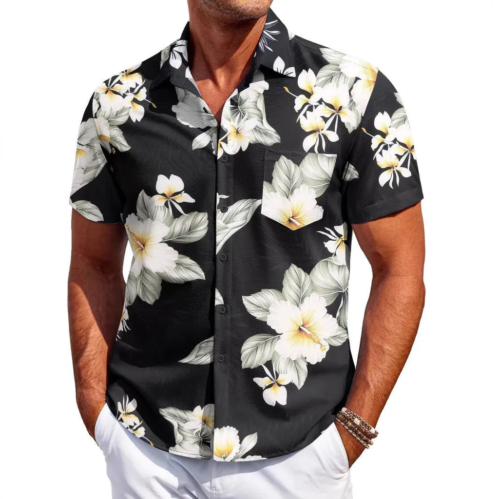 Men's slim fit Hawaiian short sleeve shirt in elastic polyester fabric on hanger