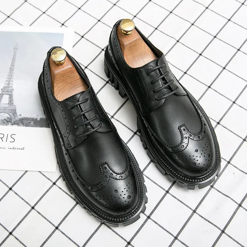 Men's black and brown business brogue shoes with round toe and brogue detailing.