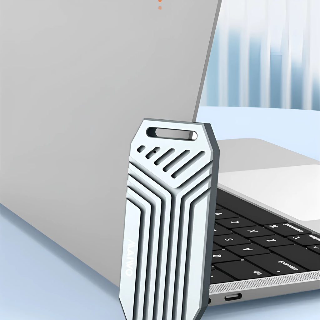 Thunderbolt 4 compatible M.2 SSD aluminium external enclosure in silver or grey colour with compact dimensions
