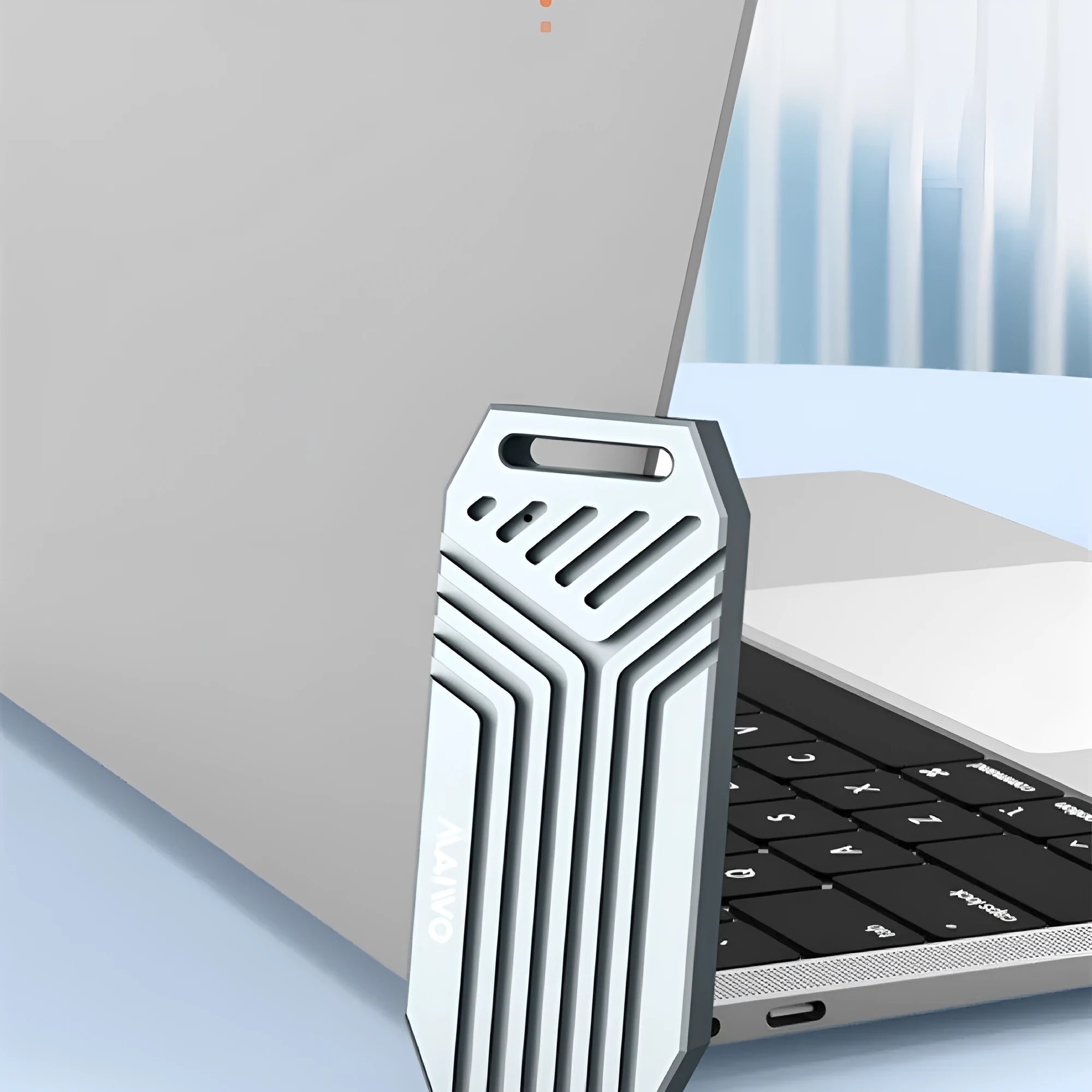 Thunderbolt 4 compatible M.2 SSD aluminium external enclosure in silver or grey colour with compact dimensions