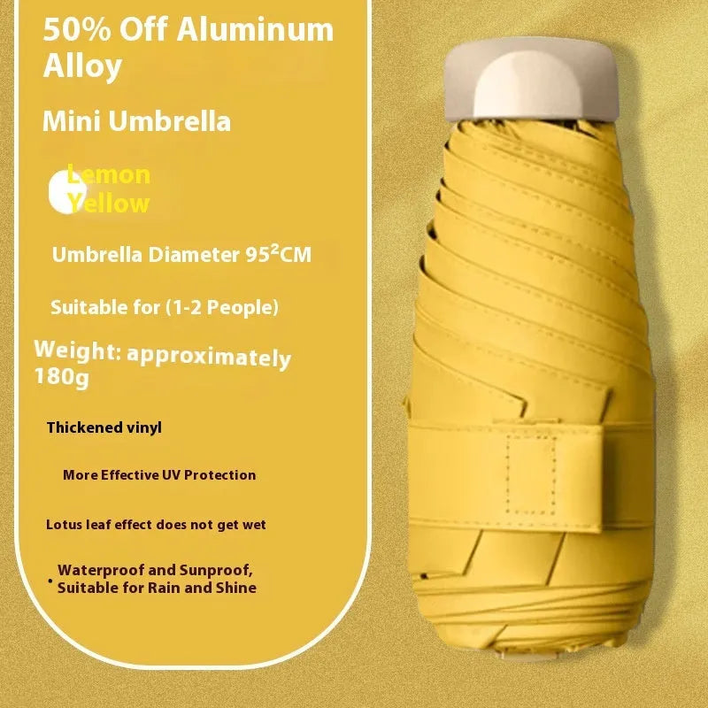 Compact five-fold sun umbrella with a gradient vinyl-laminated canopy and an alloy frame.