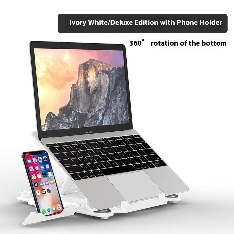 Black ABS plastic laptop lifting bracket with integrated phone holder on a wooden desk