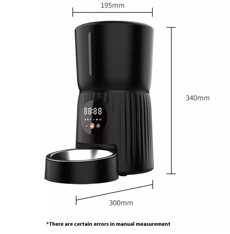 Black automatic pet feeder with digital display and food container for dogs and cats
