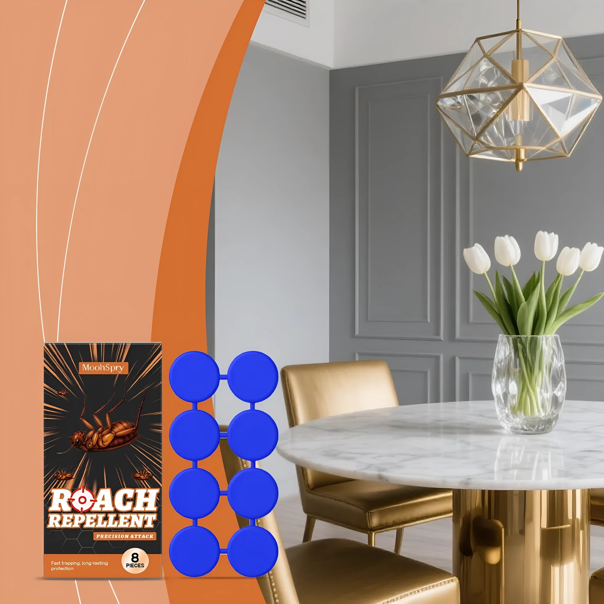 Indoor cockroach killer kit with 8 bait stickers and 8 glue traps for kitchen pest control