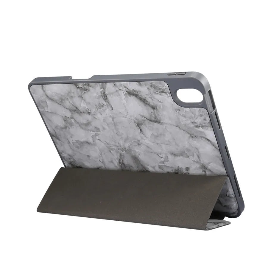 Dark grey tri-fold marbling imitation leather iPad case with a visible slot for an Apple Pencil.