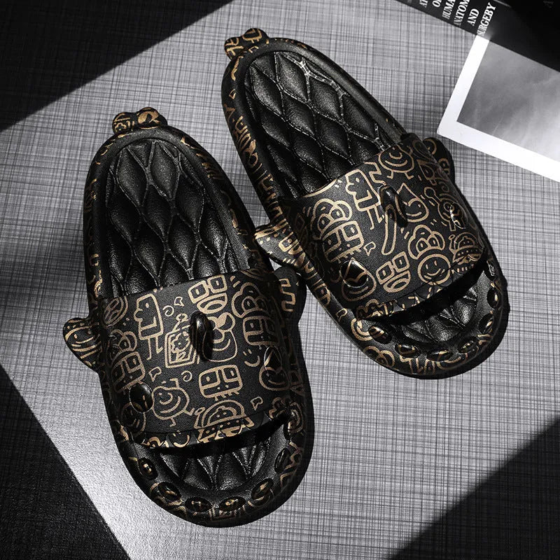 Shark design open-toe EVA home slippers for couples in beige, shown in a large size.