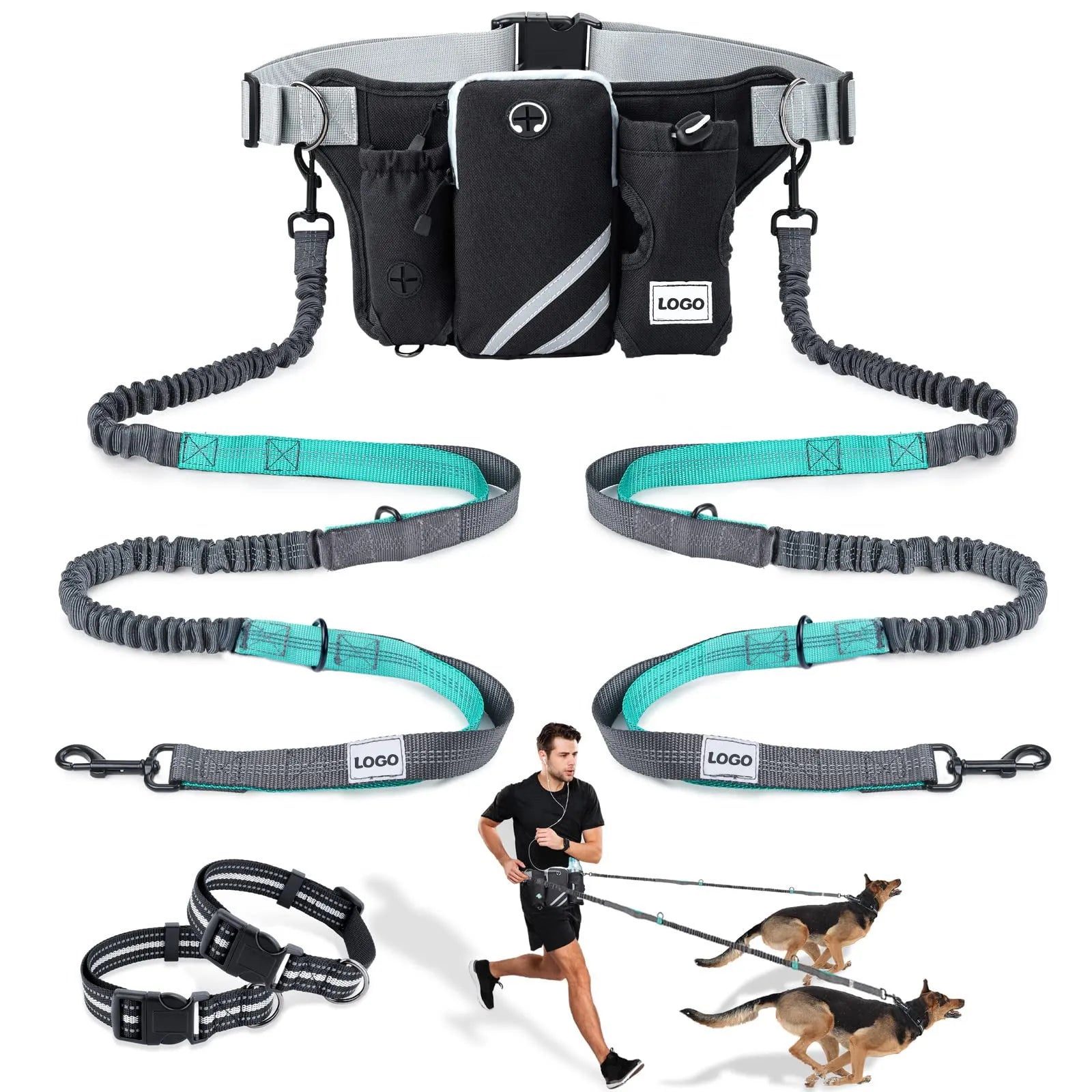 Black nylon pet training waist bag set with matching leash and collar for outdoor dog walking