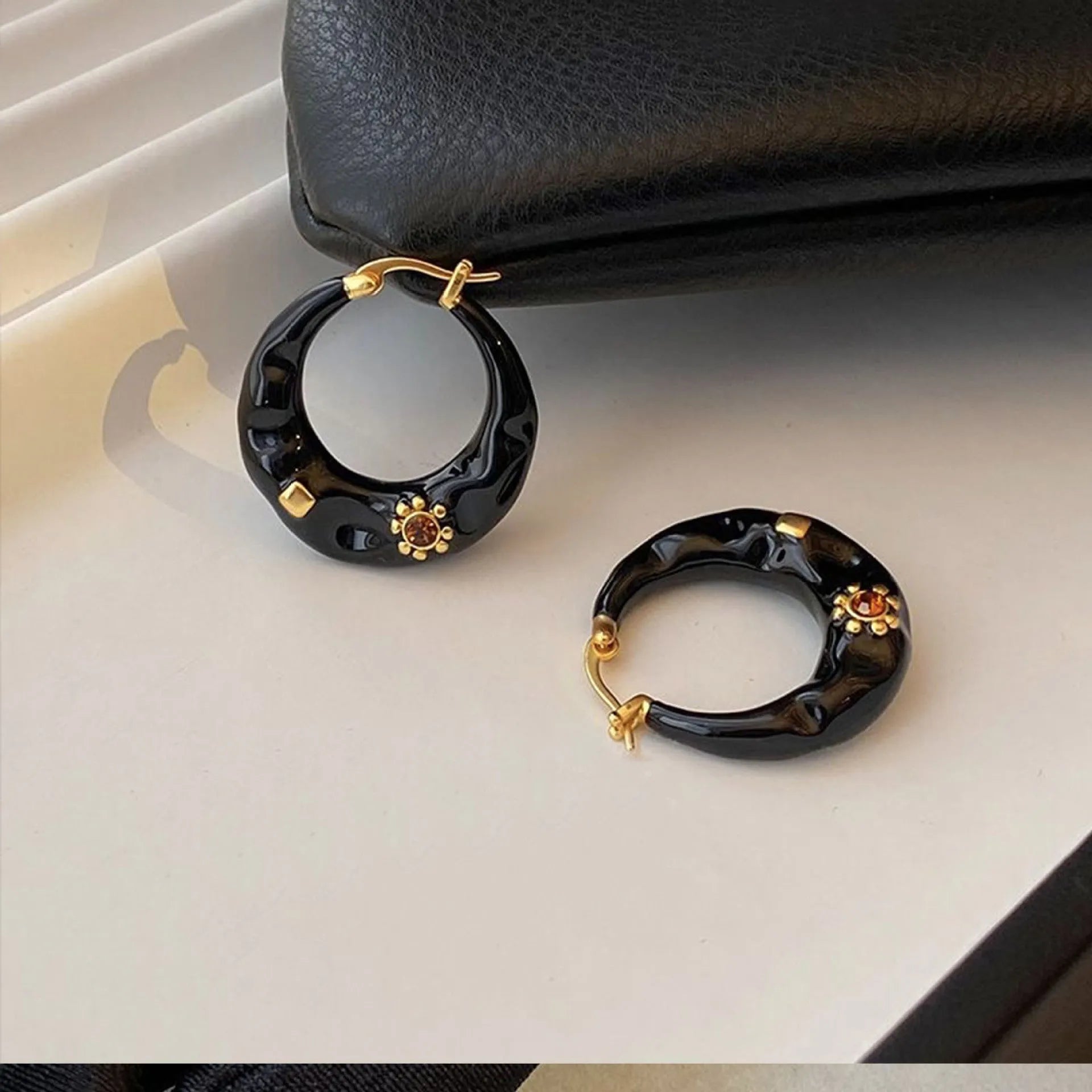 Hong Kong style retro alloy ear studs with rhinestone inlays and hand-dripped oil glossy finish